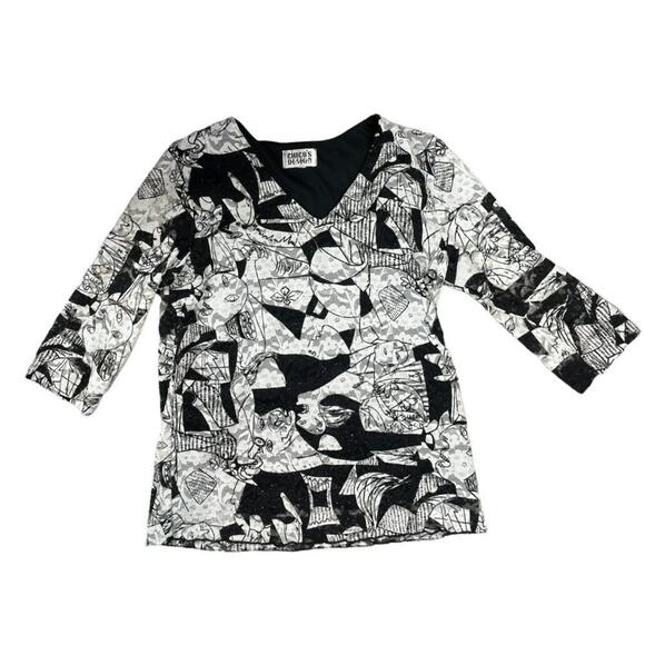 Vintage Chico’s Black and White V-Neck Top Art Deco Abstract - Picture 5 of 12